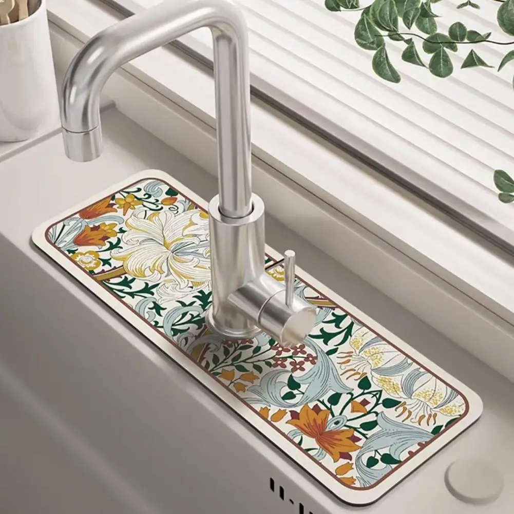 

Faucet Draining Mat Cuttable Water Absorption Faucet Drying Pad Flower Pattern Faucet Splash Mat Household Supplies