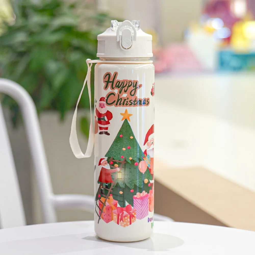 

Fashion 700ml Christmas Theme Water Cup Cartoon Plastic Plastic Straw Mug with Straw with Lanyard Drinking Cup Christmas