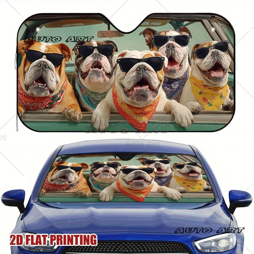 

Bulldog Car Sun Shade Fit Windshield Cover with Fashion Glasses Bandanas Windshield Sunshade Car Front Window Visor Sunshade
