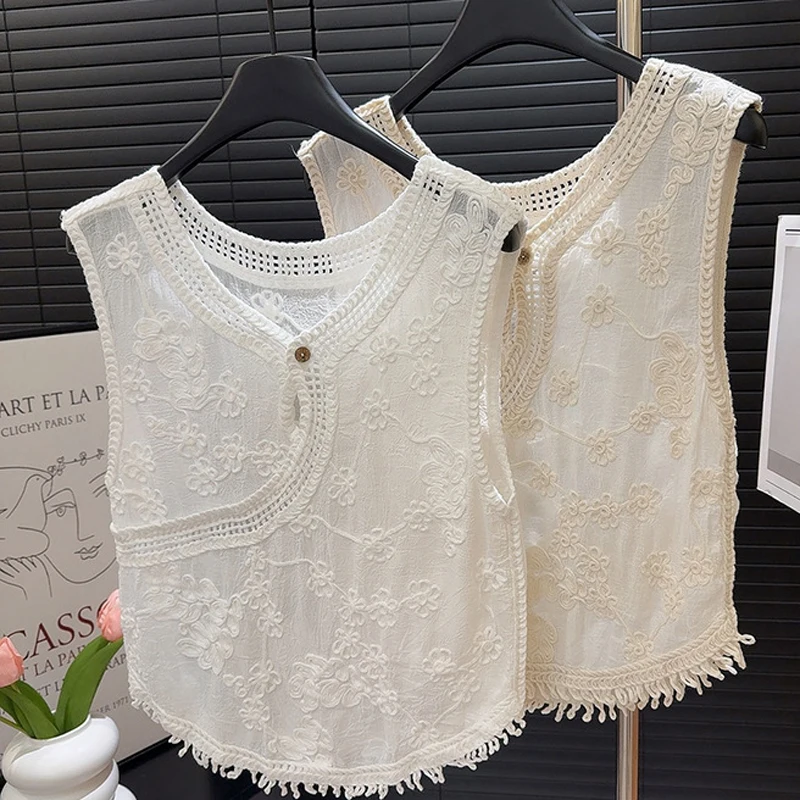 Boring Honey Summer New Dress Design Embroidery New National Style Vest Round Neck Sleeveless Tassel Jacquard Thin  Woman Top