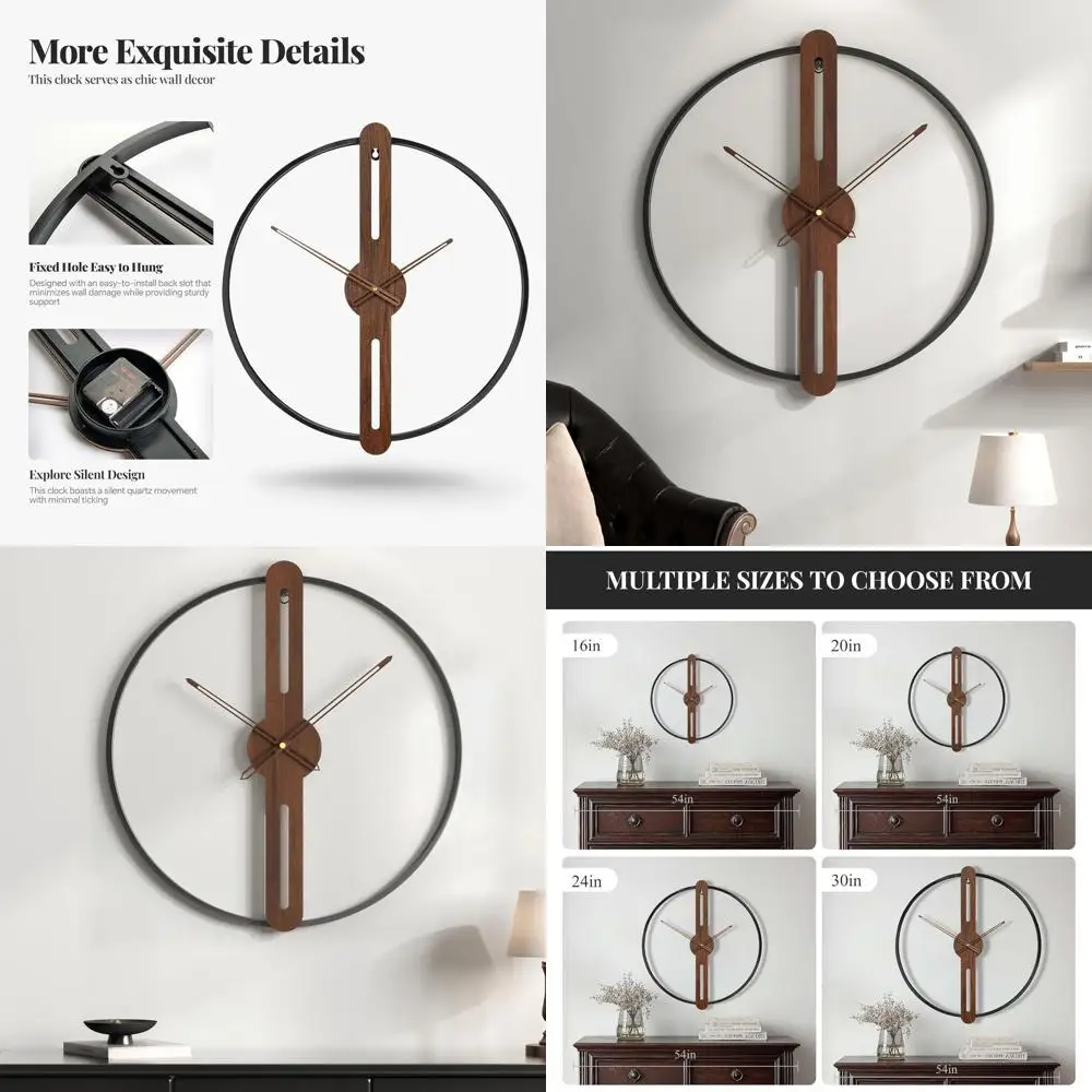 

24 Inch Large Wall Clock for Living Room, Modern Silent Non Ticking Battery Operated Big Clock, Rustic Minimalist Wood Metal Fra