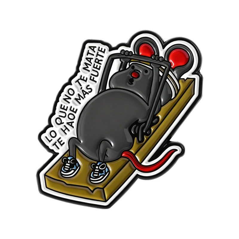 Fitness levantamiento de pesas ratón Mousetrap alfileres esmaltados español LO QUE NO TE MATA TE HACE MÁS FUERTE broches solapa insignia regalo de joyería