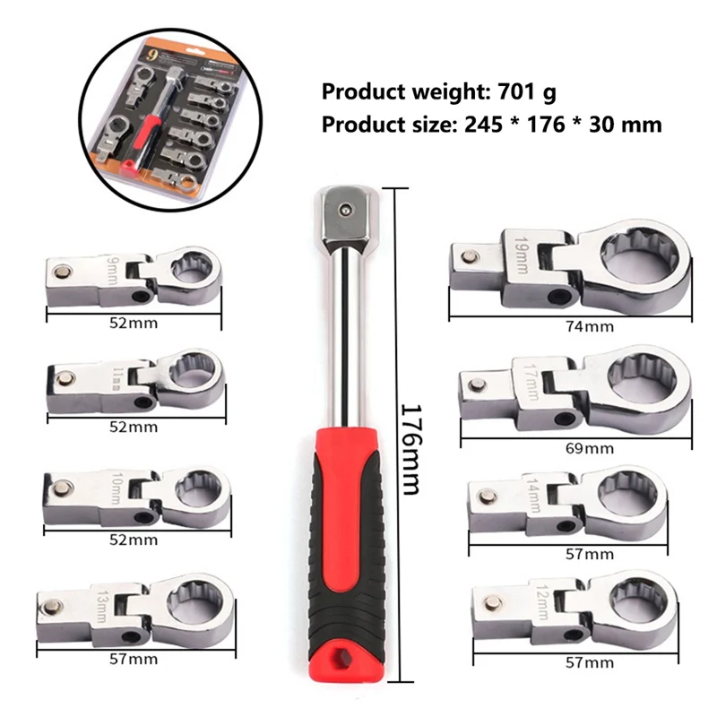 Ensemble d'outils à main à cliquet multifonctions, 9-19mm, 8 pièces