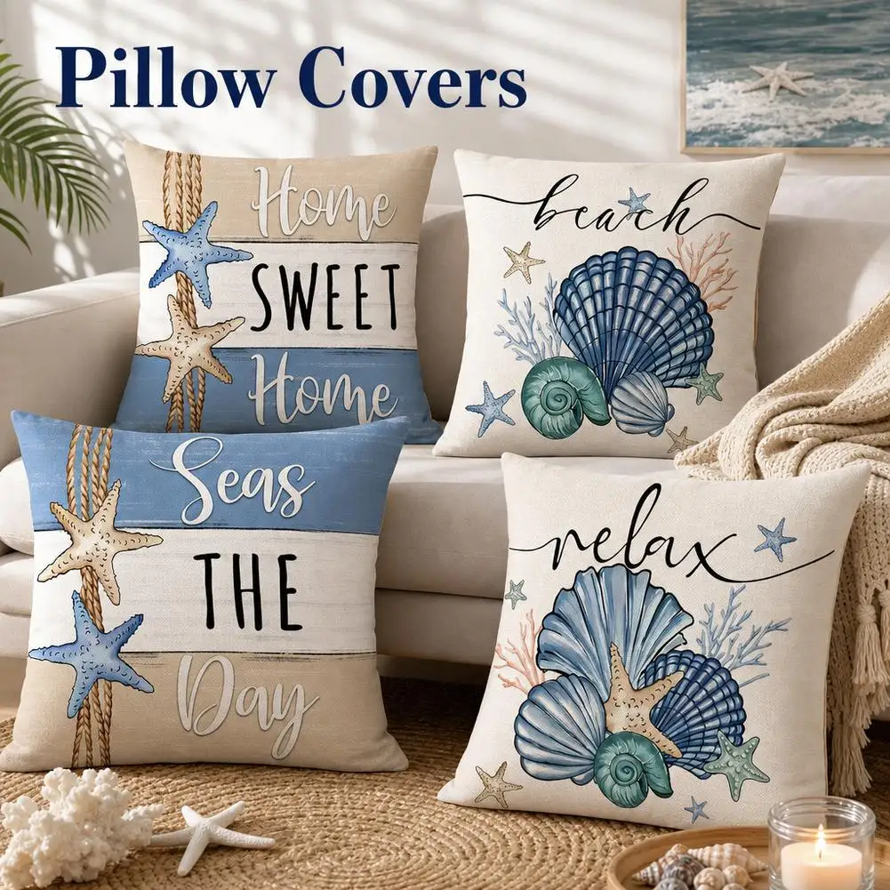 1/4PCS Coastal Throw Pillow Covers 18In Coral Starfish Seashell Beach Decorative Pillow Cases Blue Cushion Covers for Couch Sofa