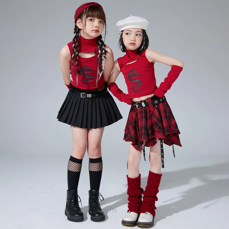 New Girls Jazz Dance Clothes Cheerleading Performance Outfit Wine Red Vest Plaid Skirt Kids Hip Hop Suit Kpop Stage Costumes