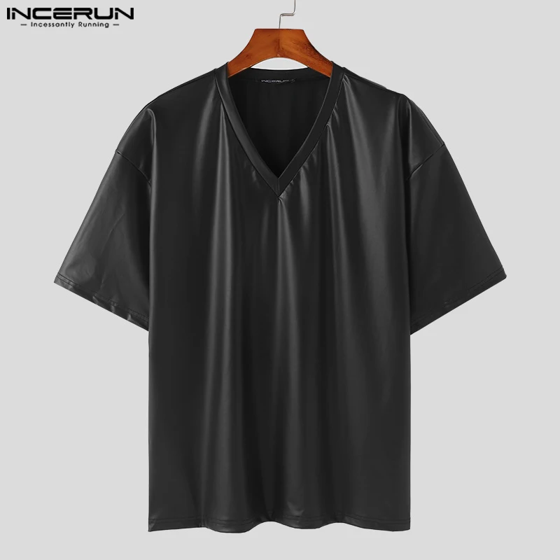 INCERUN Men T Shirt Solid Color V Neck Short Sleeve Summer Men Clothing Streetwear 2024 Korean Style Fashion Casual Tee Tops Men