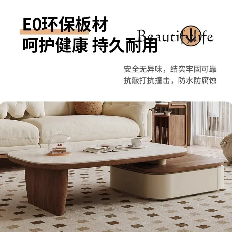 

Medieval walnut coffee table living room home light luxury high-end minimalist rock slab retractable coffee table