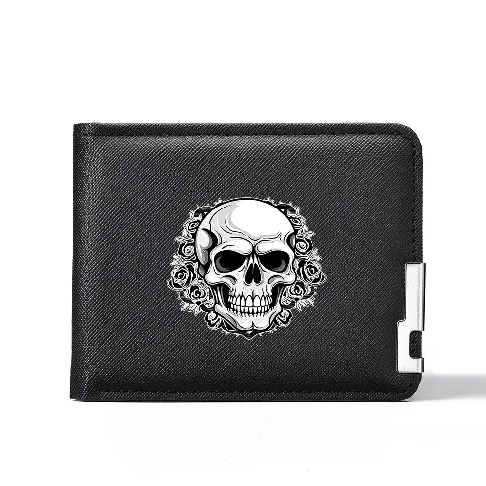 Cross Grain PU Leather Men Wallet Skull Rose Pattern Bifold Short Purse Multi Card Slots Cash Holder for Male