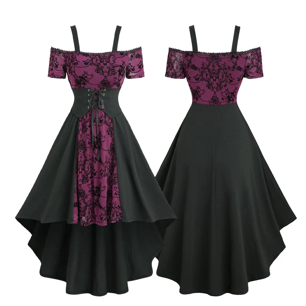 

New Gothic Dresses Womens Spring Summer Cold Shoulder Floral Butterfly Flocking Lace Up Corset High Low Asymmetric Dress Vestido