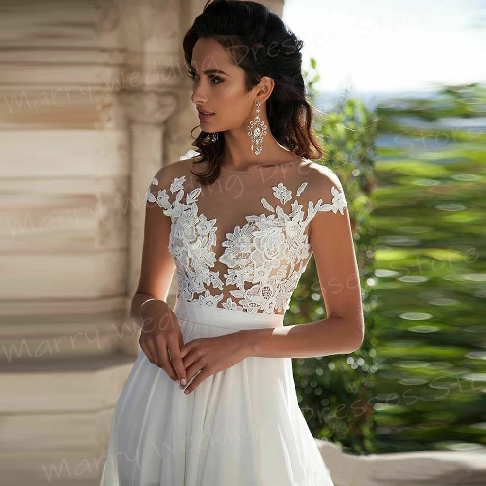 Charmante robe de mariée A-Line pour femme, appliques en dentelle, robe de mariée sexy, col rond, mancherons, fente haute sur le côté, robe éducative