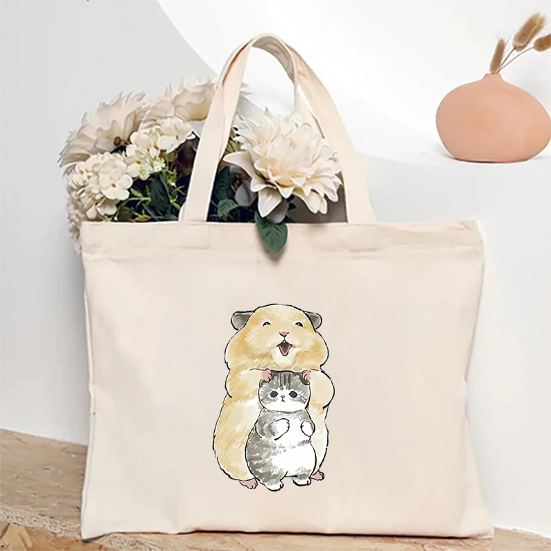 Rabbit Duck Cat Illustration Canvas Shoulder Bag Travel Storage Tote Bags Cartoon Cute Handbag Eco-friendly Shopping Bag Gift