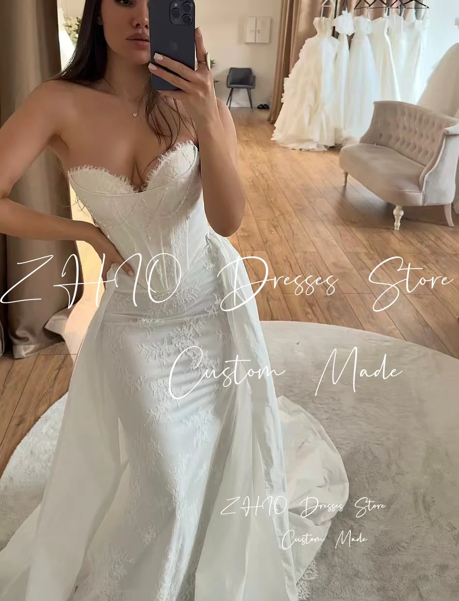 ZHIO-vestido De Novia De encaje De color marfil De lujo, escote en forma De corazón, sirena escalonada, tren desmontable, vestido De Novia clásico personalizado