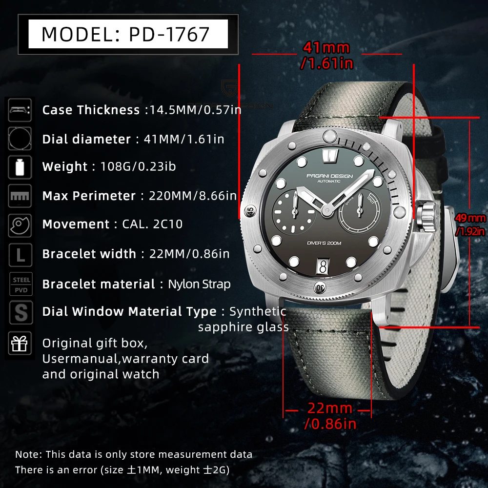 PAGANI Design New Men Automatic Mechanical Watches Diver Watch For Top Brand Luxury 200M Waterproof AR Sapphire Watch for Men