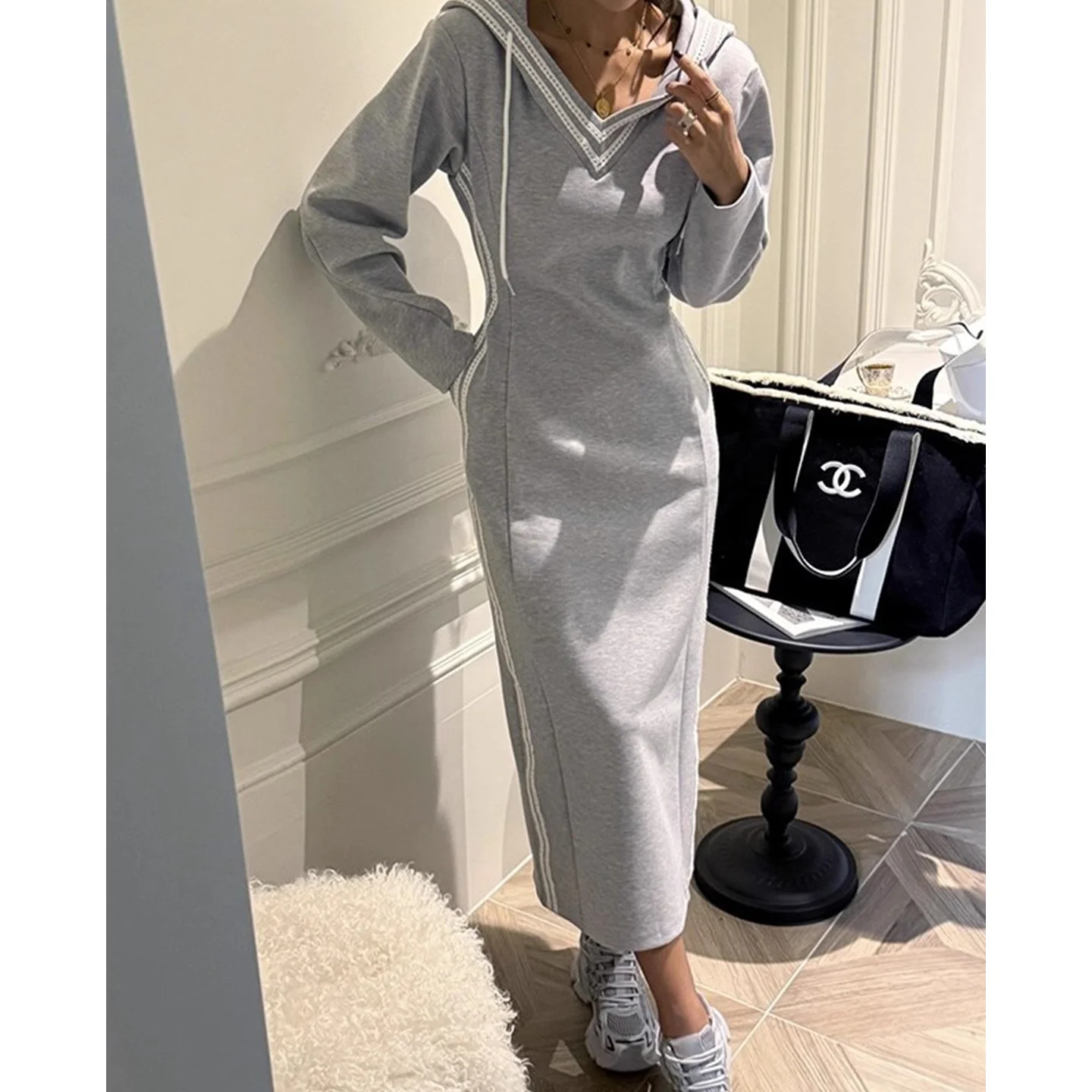 Retro emendado cor blo renda dstring com capuz de malha dr feminino emagrecimento longo dr cintura alta commute sle longo sve