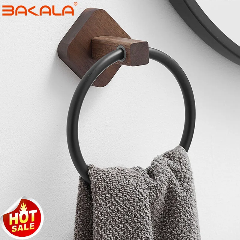 

BAKALA Bathroom Wood Towel Ring Self Towels Holder Wall Mounted Hand Towel Rails for Kitchen Bath Room No Drilling Accessories