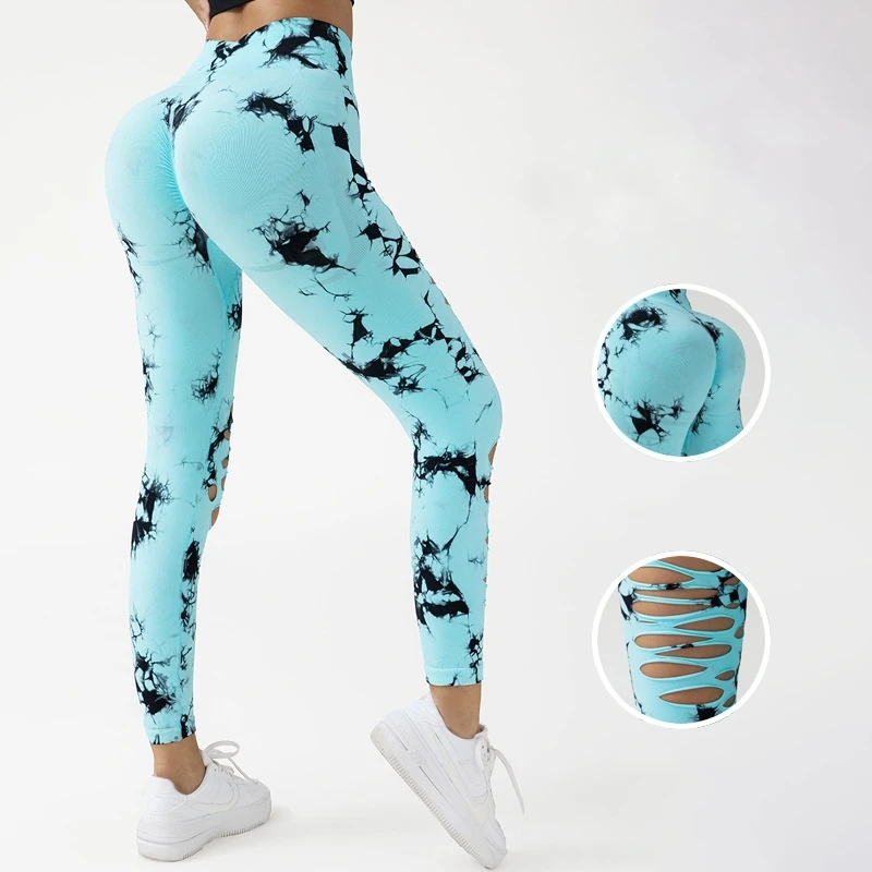 Hole Seamless Tie-Dye Yoga Pants Sexy Hollow Leggings High Waist Slim Stretch Athletic Training Pants