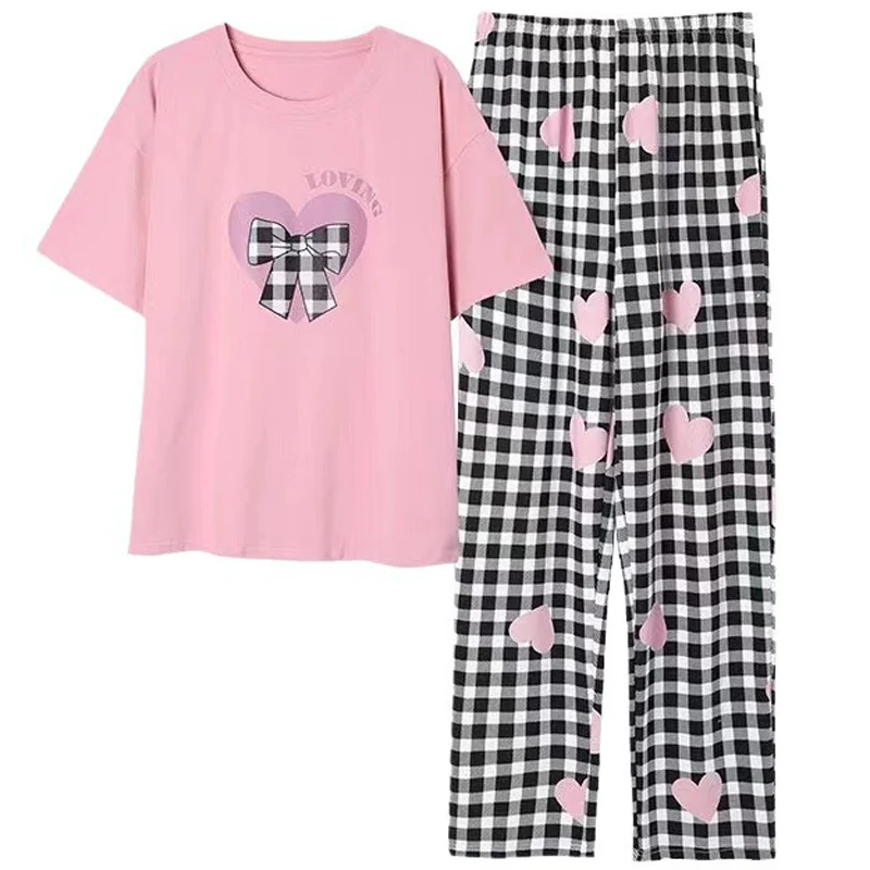 Pajamas with Cushion Female Summer Teenage Girls Cute Sweet Short-Sleeved Long Pants Two-Piece Suit Can Be Worn Outside Home Wea