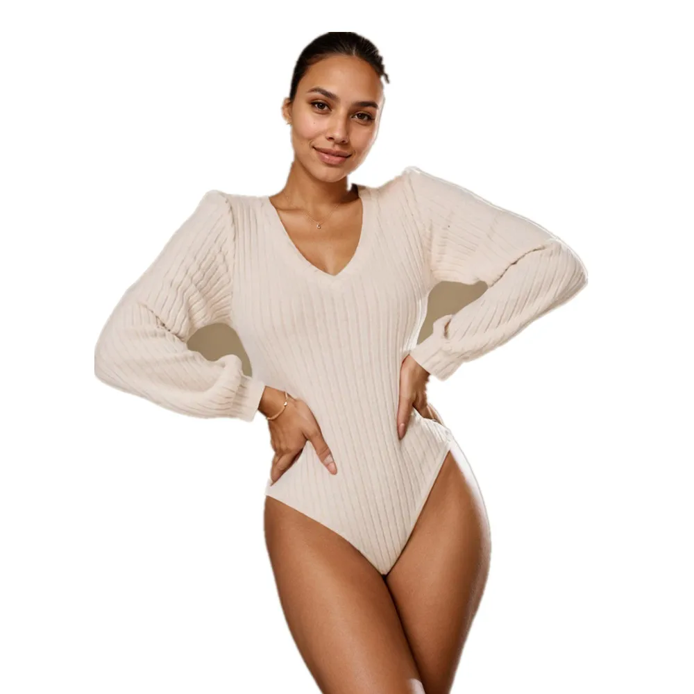 BKLD 2026 Spring New Elegant Women Clothing Lantern Sleeve Long Sleeve V-Neck Knitted Tight Bodysuits Solid Color One Pieces