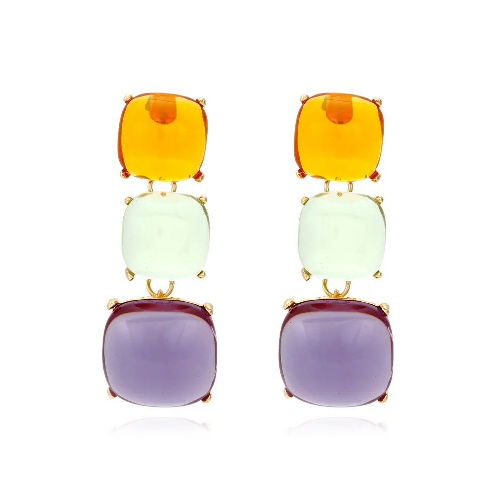 Retro Exaggerated Colorful Geometric Square Gold Trim Transparent Resin Long Dangle Earrings for Women Fashion Artistic Jewelry