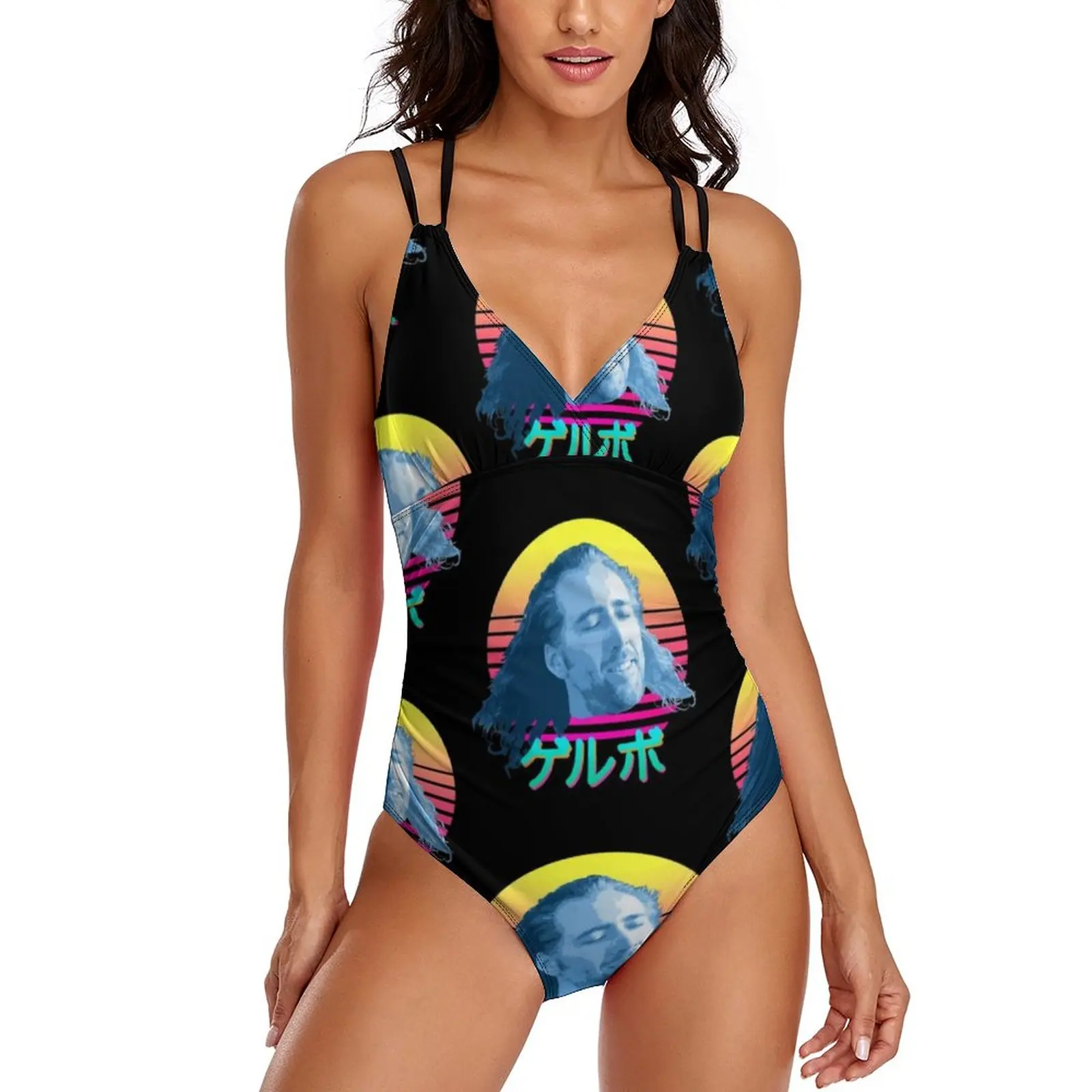 Nicolas Cage Swimsuit Funny Meme Print Swimwear One Piece Bathing Suit Sexy Trendy Surf Beachwear Plus Size