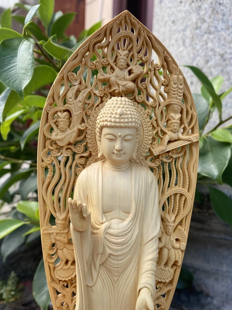 Boxwood Carved Shakyamuni Buddha Statue, Vairocana Living Room, Home Decor Craft, New