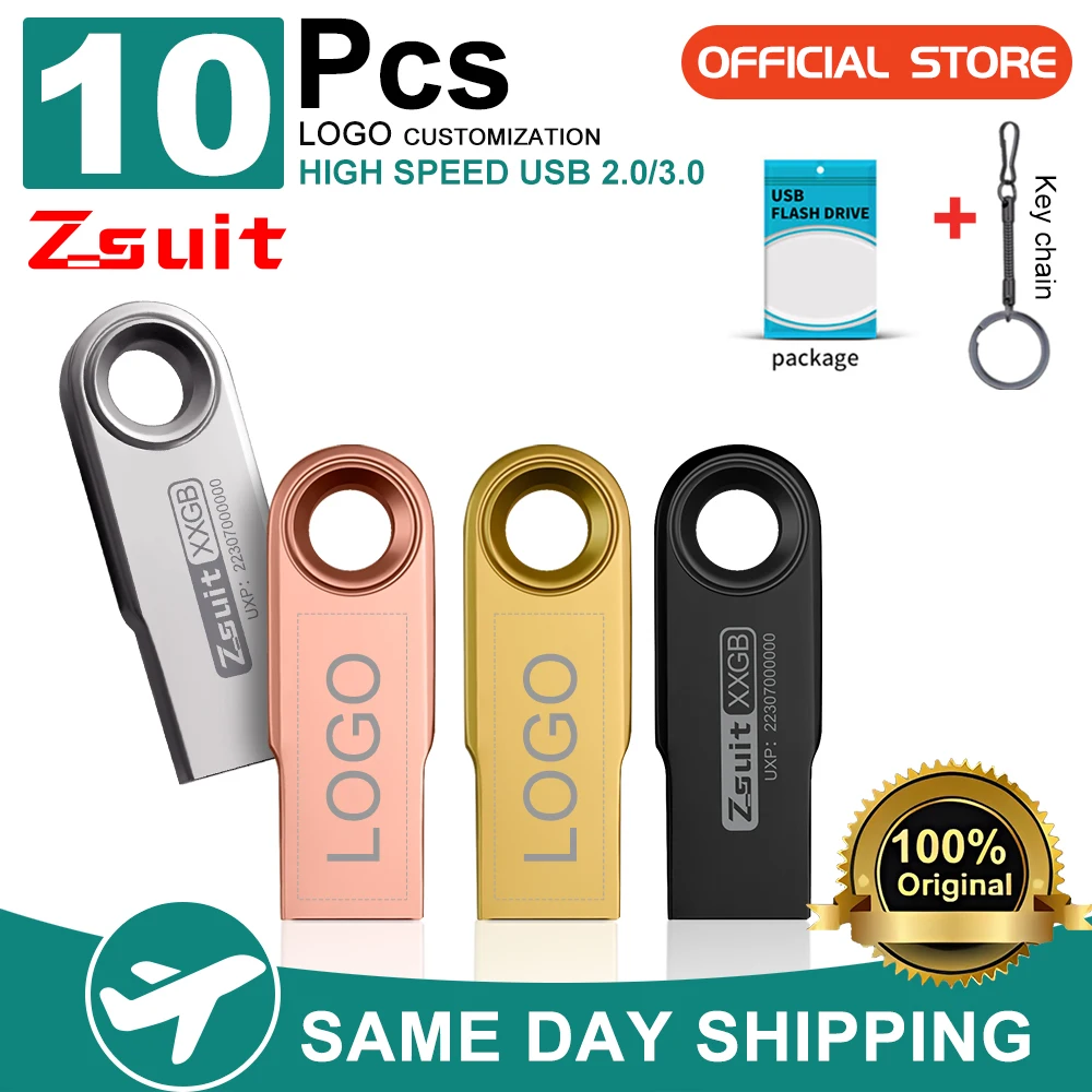 ZSUIT 10PCS/Lot Metal USB Flash Drive 64GB Pen Drive 4GB 8GB 16GB Pendrive 32GB Memory Stick 128GB USB Storage Stick Free LOGO