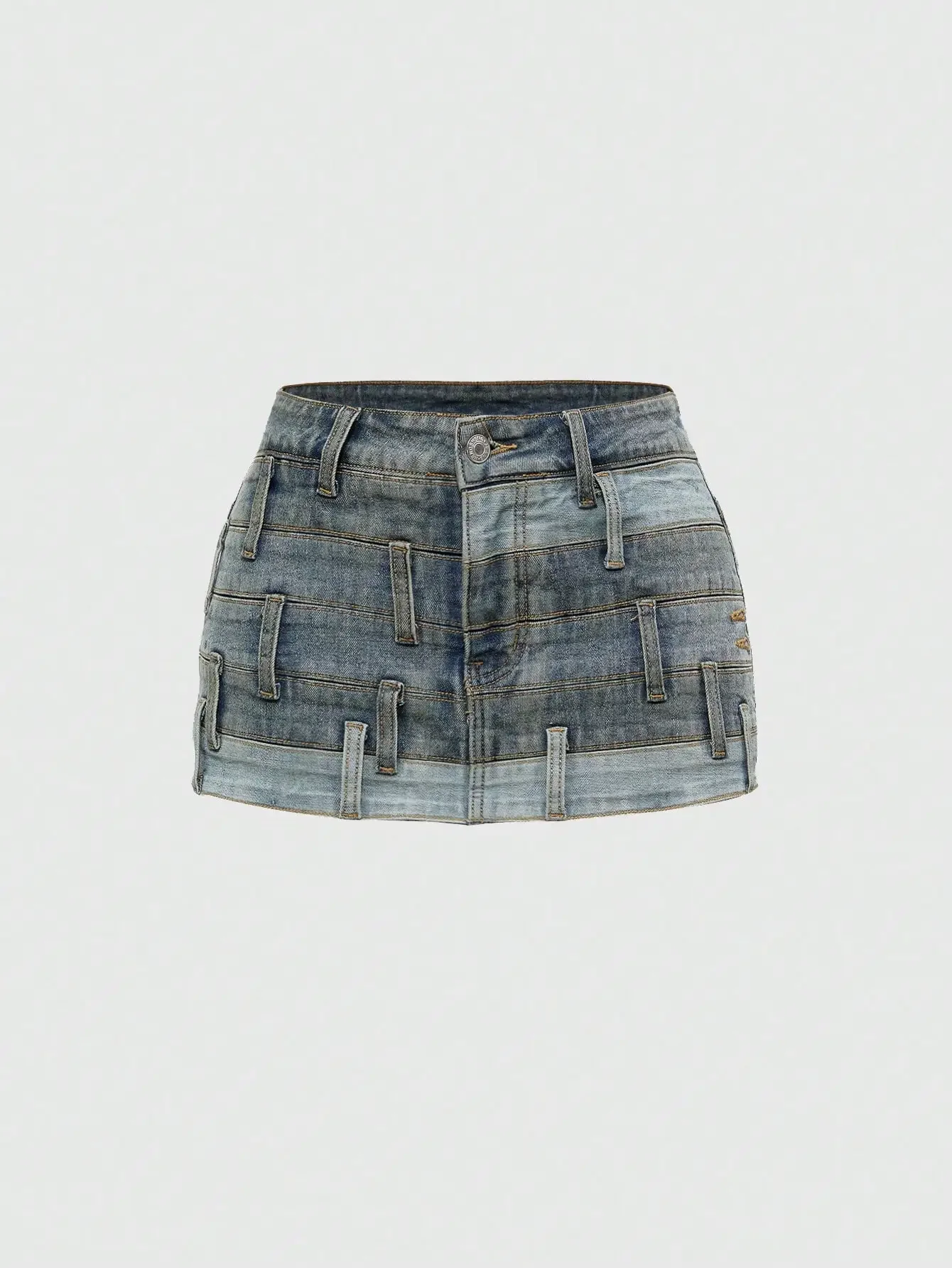 

Distressed Patchwork Asymmetrical Low Waist Mini Denim Skirt with Contrast Stitching