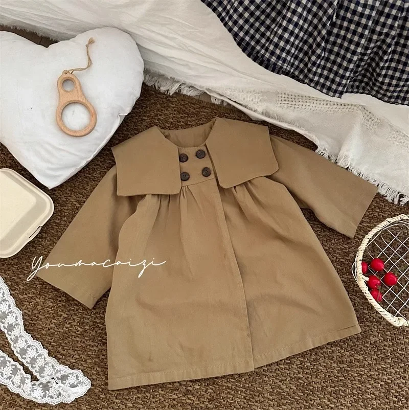 

Girls Medium and Long Trench Coat Spring and Autumn Doll Collar Single-breasted Coat Fashionable Girl British Style Coat