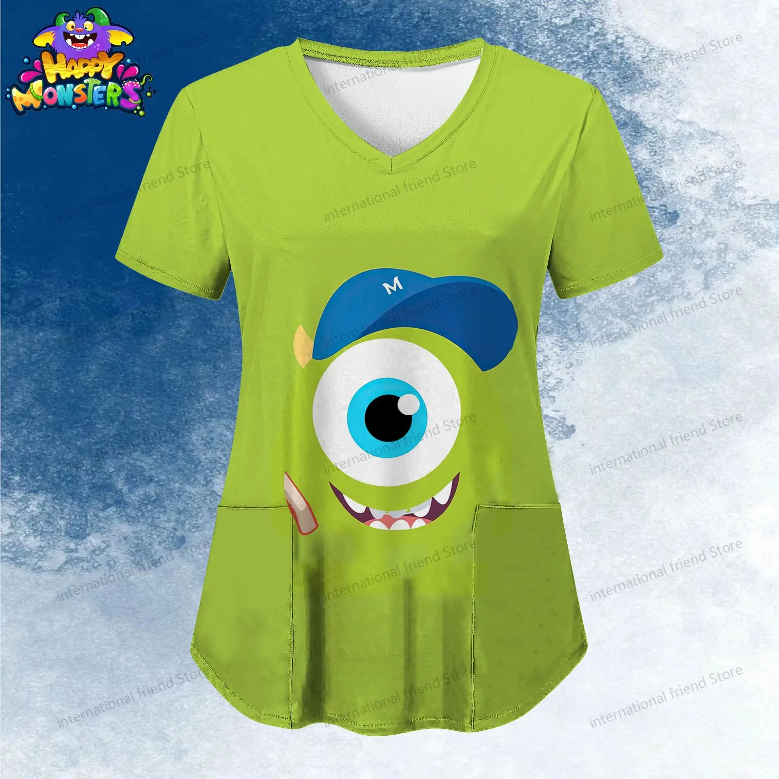 Women's V Neck Nurse Uniform T-Shirt Monsters Inc. Pocket Tshirts Dames 2024 S-2XL Y2k Kawaii Cheap Top Summer Woman Clothing