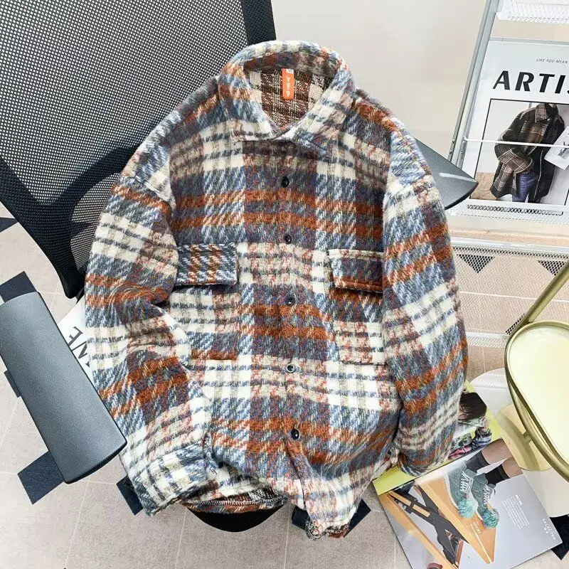 

Men's Woolen Jaet Autumn Winter Casual Lapel Loose Fit Versatile Leisure Polyester Fabric Striped Coat ex Jaet