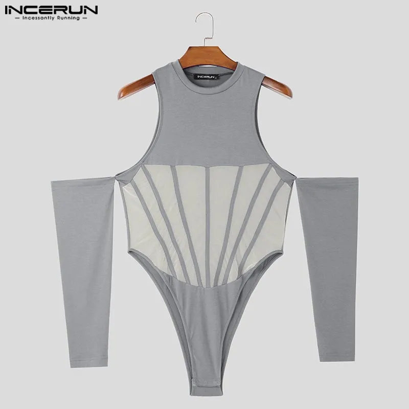 INCERUN bodysuit pria kasual tanpa lengan 2024 Mesh Splicing segitiga Onesies tampan Deconstruction rajutan nyaman pakaian rumah