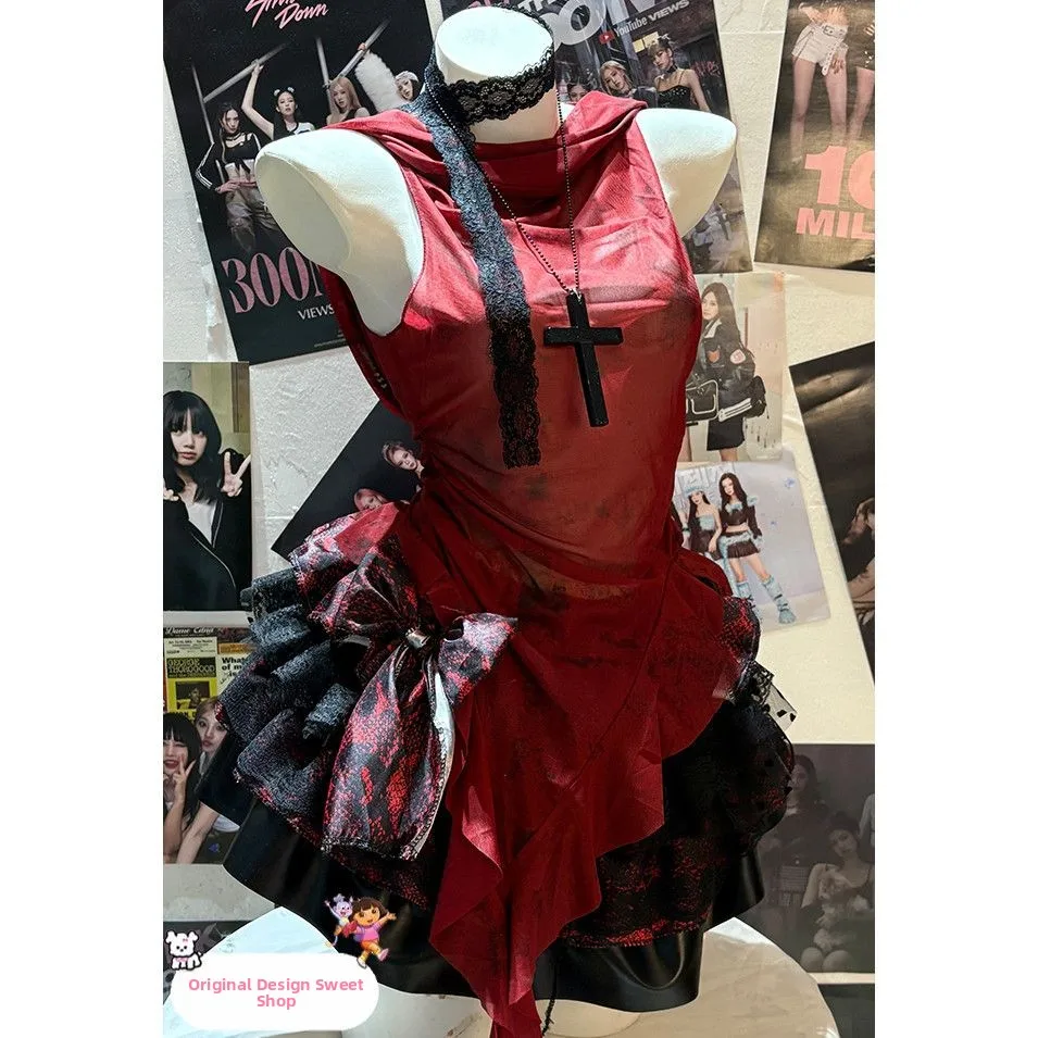 

Handmade Original Red Hooded Vest with Sve Me T-irt Lace Hem Cake ort Skirt Women's Summer Faion Casual Outfit Set