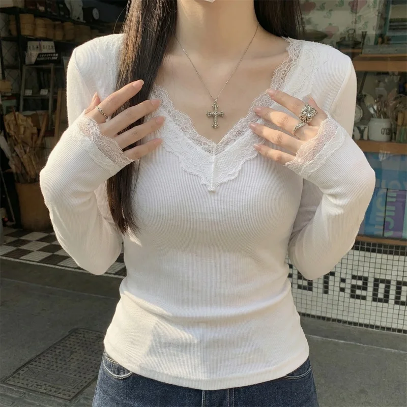 2026 Herbst Winter Damen T-Shirt V-Ausschnitt Spitzen-Top Weich Hautfreundlich Fleece-Gefüttert Langarm Thermo-T-Shirt für Layering – Detail 19
