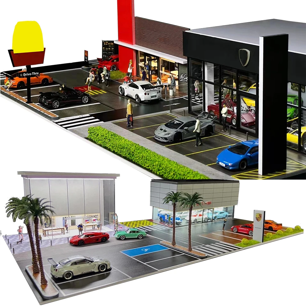 GFANS 1/64 Scale Garage LED lights Diorama Star Coffee Shop Diecast Parking Model Car Parking Models Garage Miniatures Models