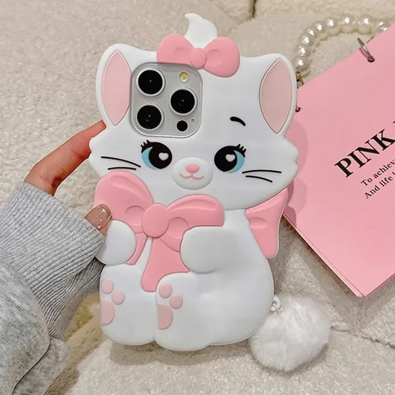 Marie Cat Pink Bow Kawaii Hair Ball Cartoon Cute Phone Case for iPhone 16 15 14 13 12 11 Pro Max Y2K Kawaii Girl Gift Love Cover