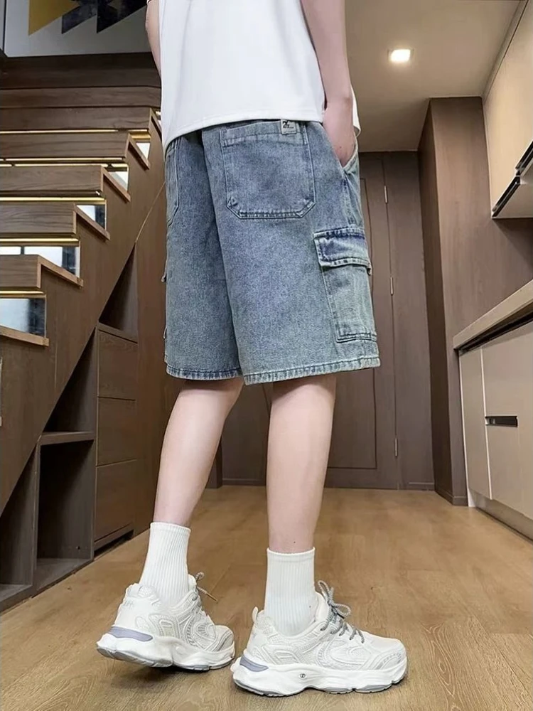 Men's Casual Denim Shorts Workwear Inspired American Summer Loose Washed Knee-Length Trendy Retro Thin Comfortable Street Style