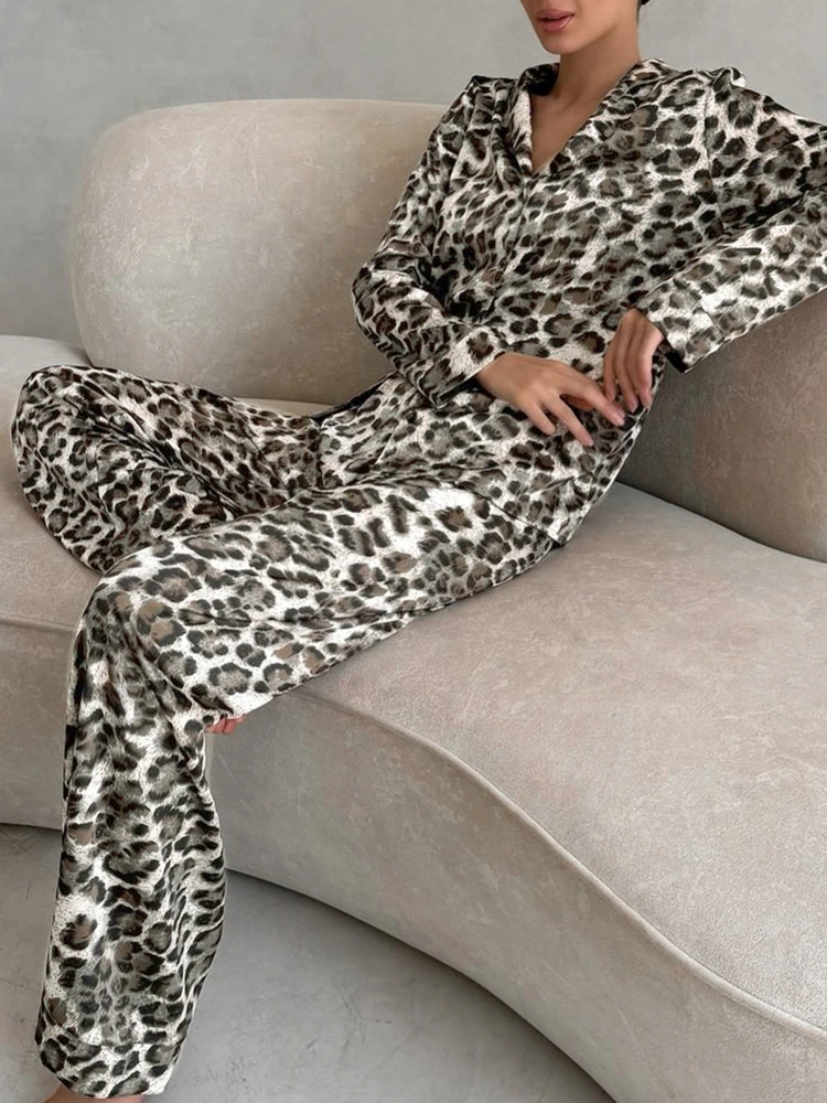 Hiloc Leopard Women\'s Home Clothes 2 Piece Sets Loose Long Sleeve Sleepwear Female Casual Trouser Suits 2024 Autumn Fashion