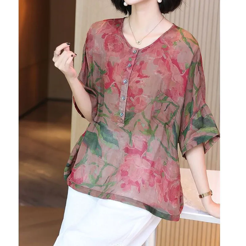 Summer New Casual Fashion Round Neck Printing Pullovers Shirt Simplicity Vintage Loose Button Spliced Blouse Women's Clothing