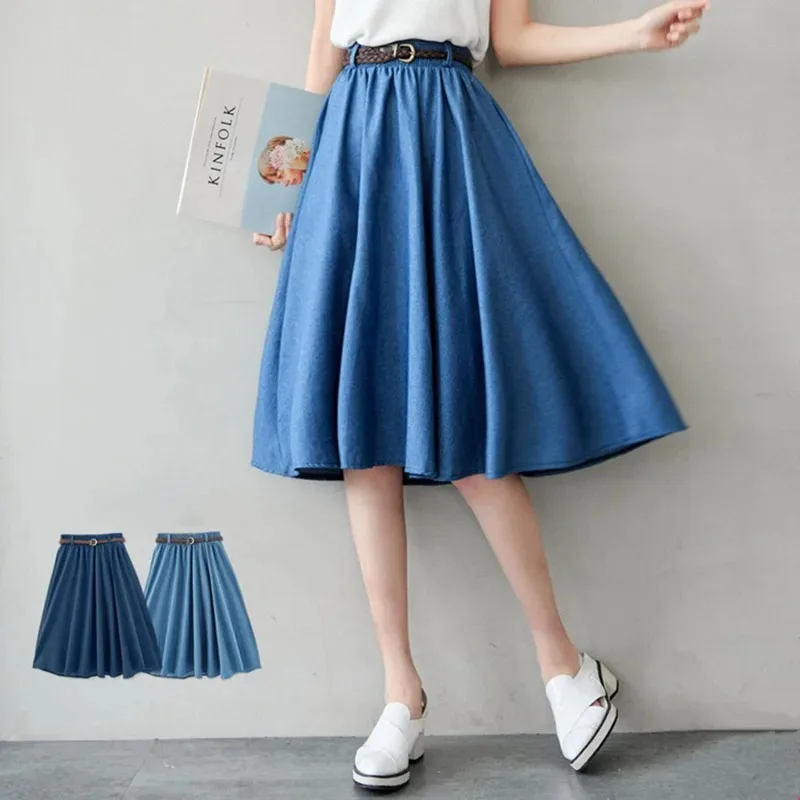 2024 Summer Women Casual Jeans Skirt Korean Preppy Style Students A-Line High Waist Solid Color Midi Denim Skirt Faldas Saias