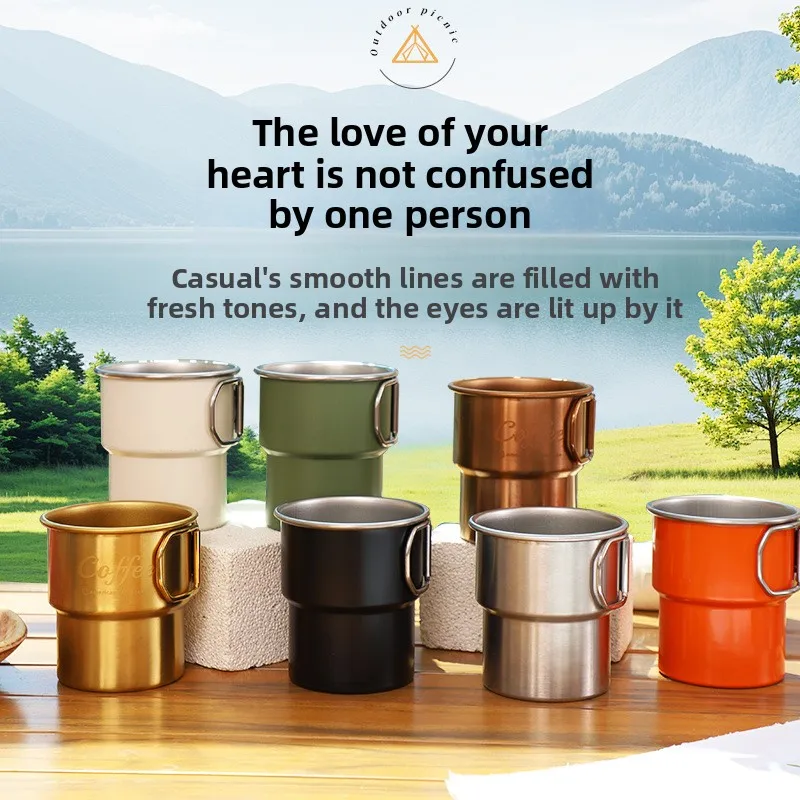 1PCS Stainless Steel Step Cup with Handle, Outdoor Camping Coffee Mug for Hiking Rolled Rim Design Single-Layer Drinking Cup