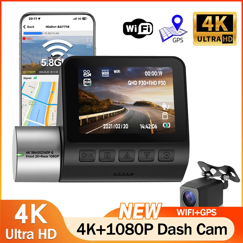 4K UHD Dash Cam WiFi Car Camera DVR 2 Channel Night Vision Video Recorder 1080P Rear View Camera GPS 24H Parking Monitoring