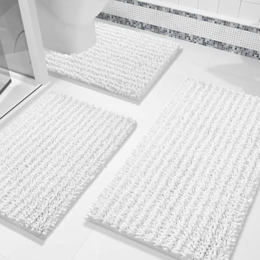

Bathroom Rug Set 3 Pcs - Super Absorbent Quick Dry Chenille Bath Mats and Toilet Rug Non Slip Machine Washable Extra Thick Shag