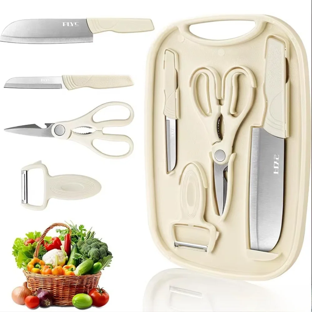 5-Piece Kitchen Knife Set with Cutting Board - Chef Knife, Meat Cleaver,Fruit Knife & Scissors, 2-in-1 Practical Kitchen Gadgets