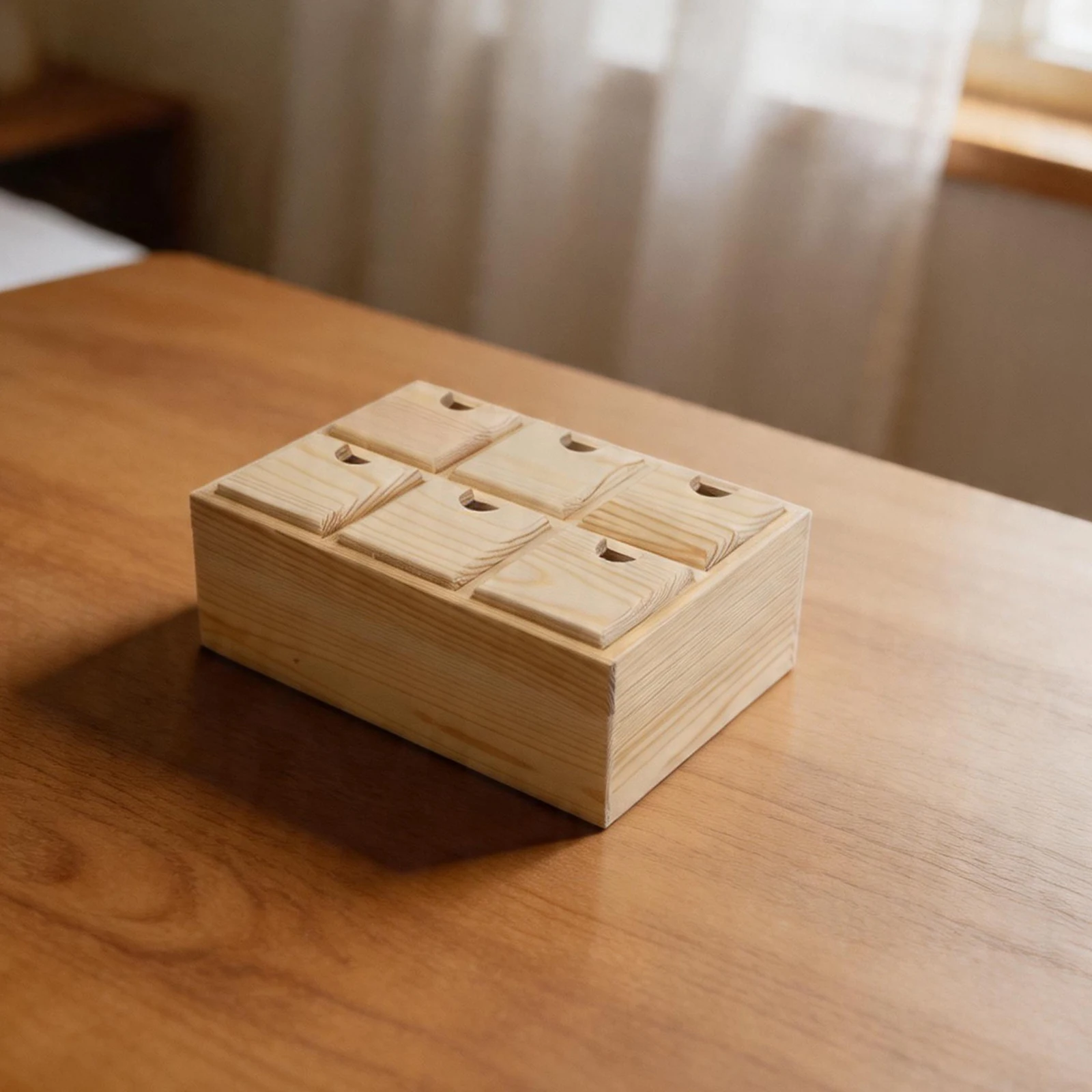 Six Drawer Desktop Storage Box with Sliding Lid in Solid Wood Compact Organizer for Small Item Storage at For Home or Work Desk