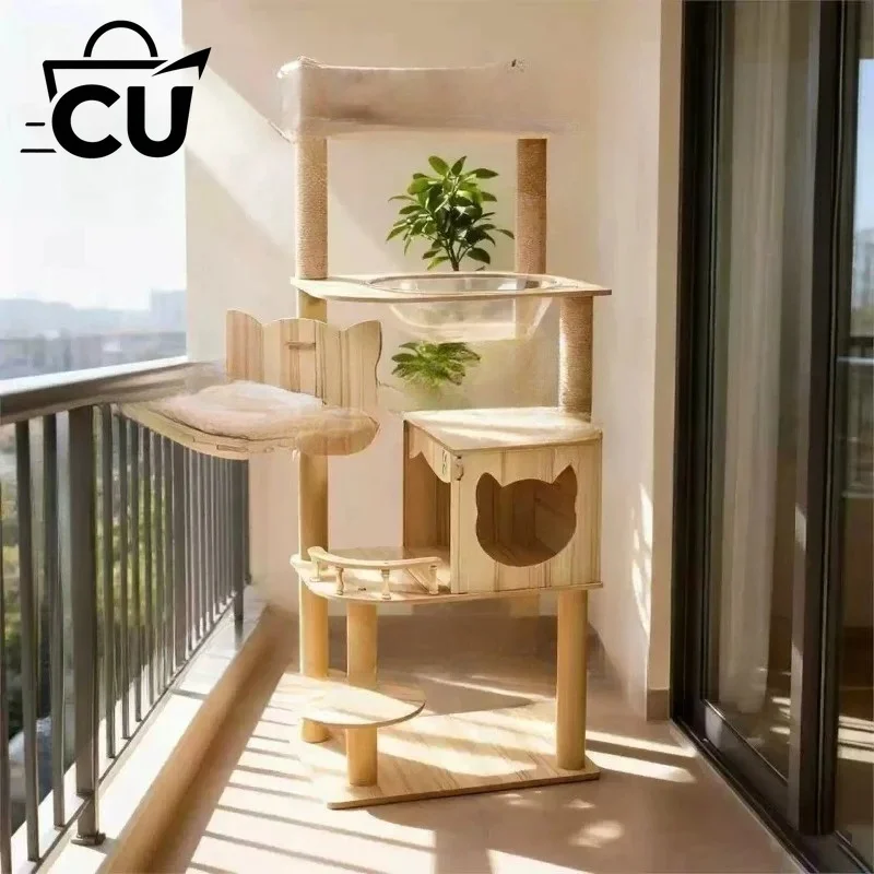 Tall Wooden Cat Tree Tower with Cat Condo & Plush Top Perch for Indoor Cats