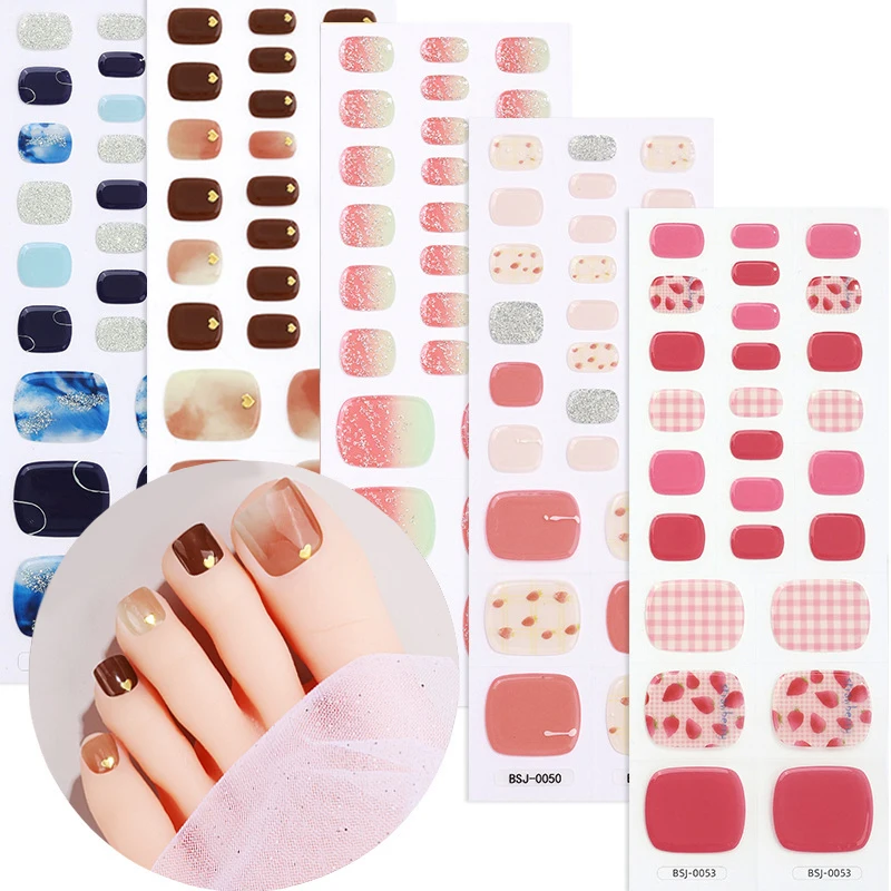 26tips Nail Stickers Glitter Nail Gel DIY Semi Cured Gel Toe Nails UV/ LED Lamp Full Cover Foot Nail Art Decoration Stickers