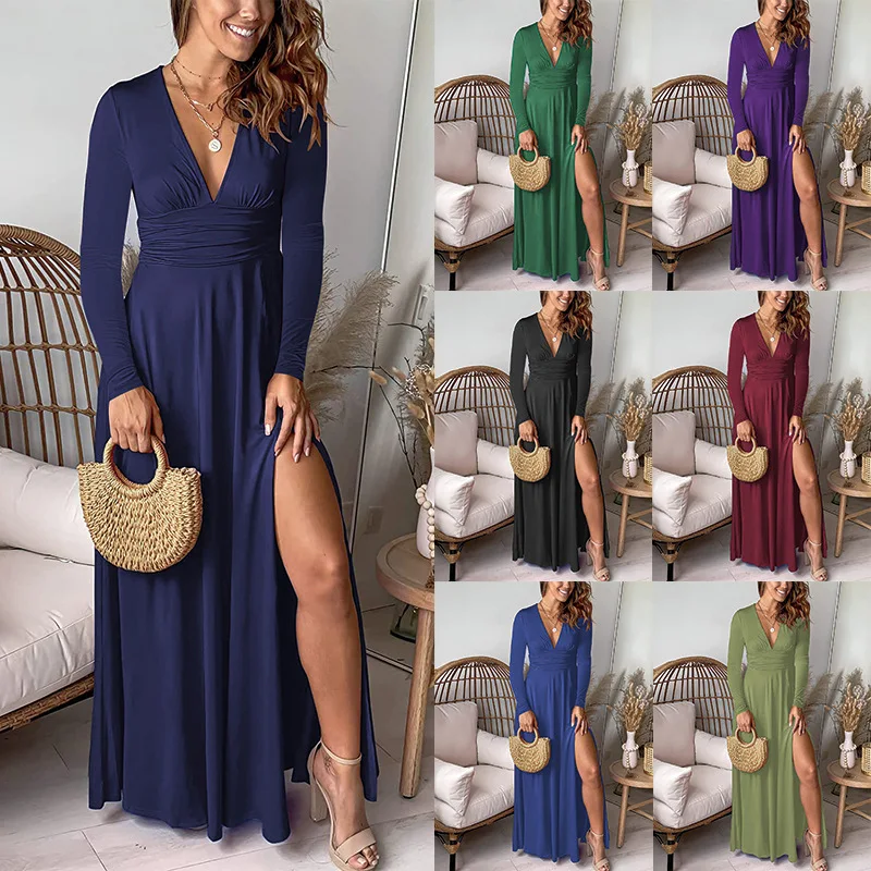Deep V-neck Long-sleeve High-waist Slit Evening