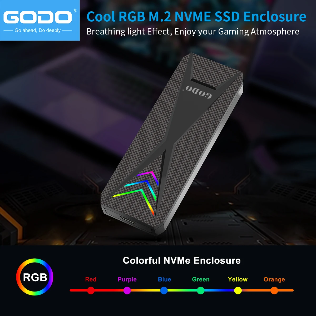 Внешний корпус GODO RGB M.2 PCIe NVMe SSD, портативный адаптер USB C на M.2 Nvme Sata, 10 Гбит/с USB C 3,1