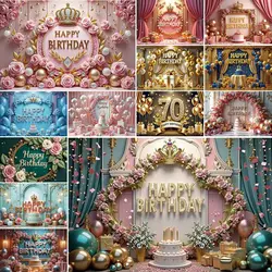 MOON.QG Pink Happy Birthday Decorations Backdrop Balloons Crown Flower Girls Sweet 16 Men's 40th 70th Party Banner Background