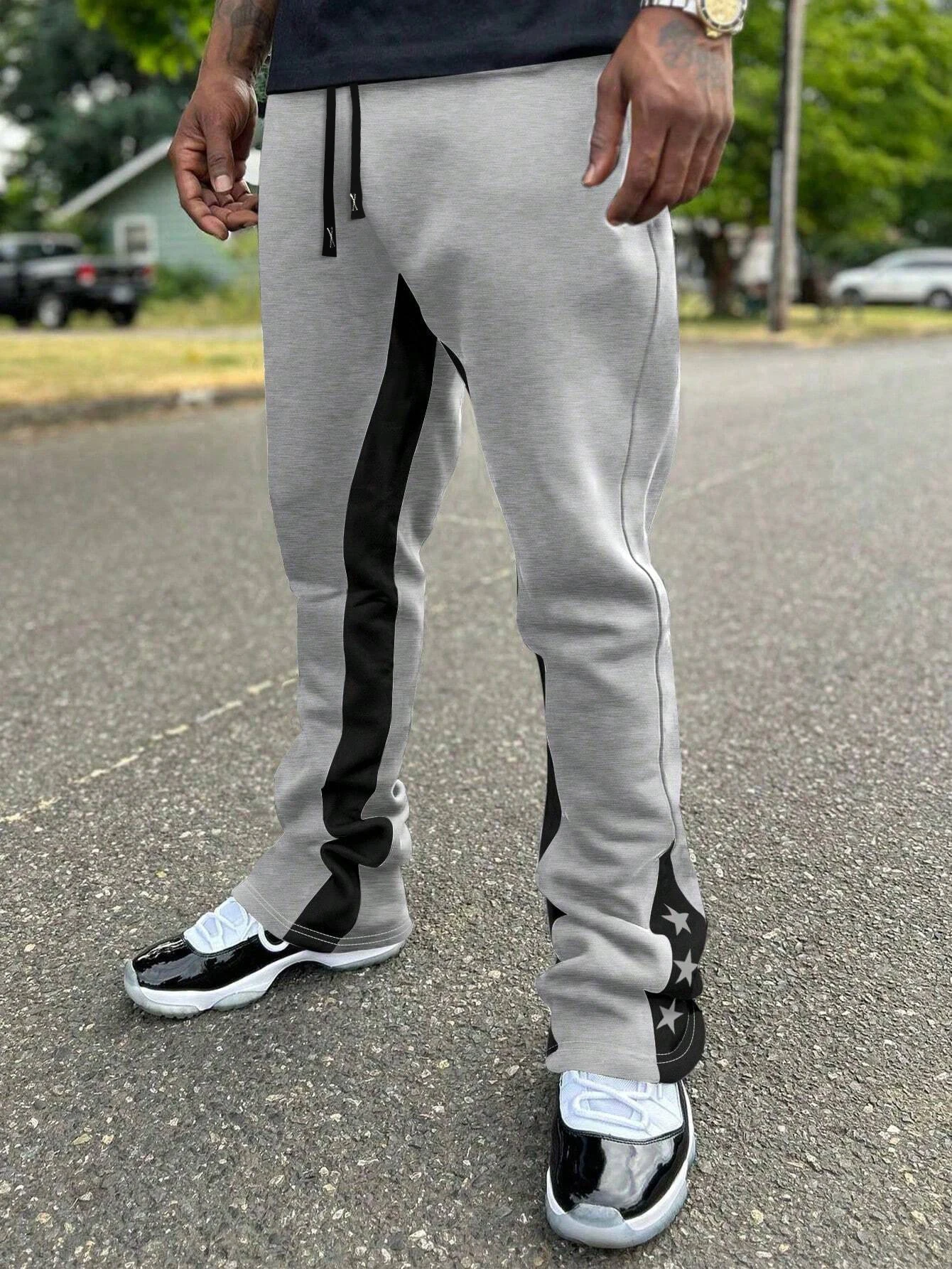 Men's Colorblock Star Print Flare Pants, Casual Patchwork Joggers, Slim-Fit Polyester Fabric, Fall & Winter Fashion